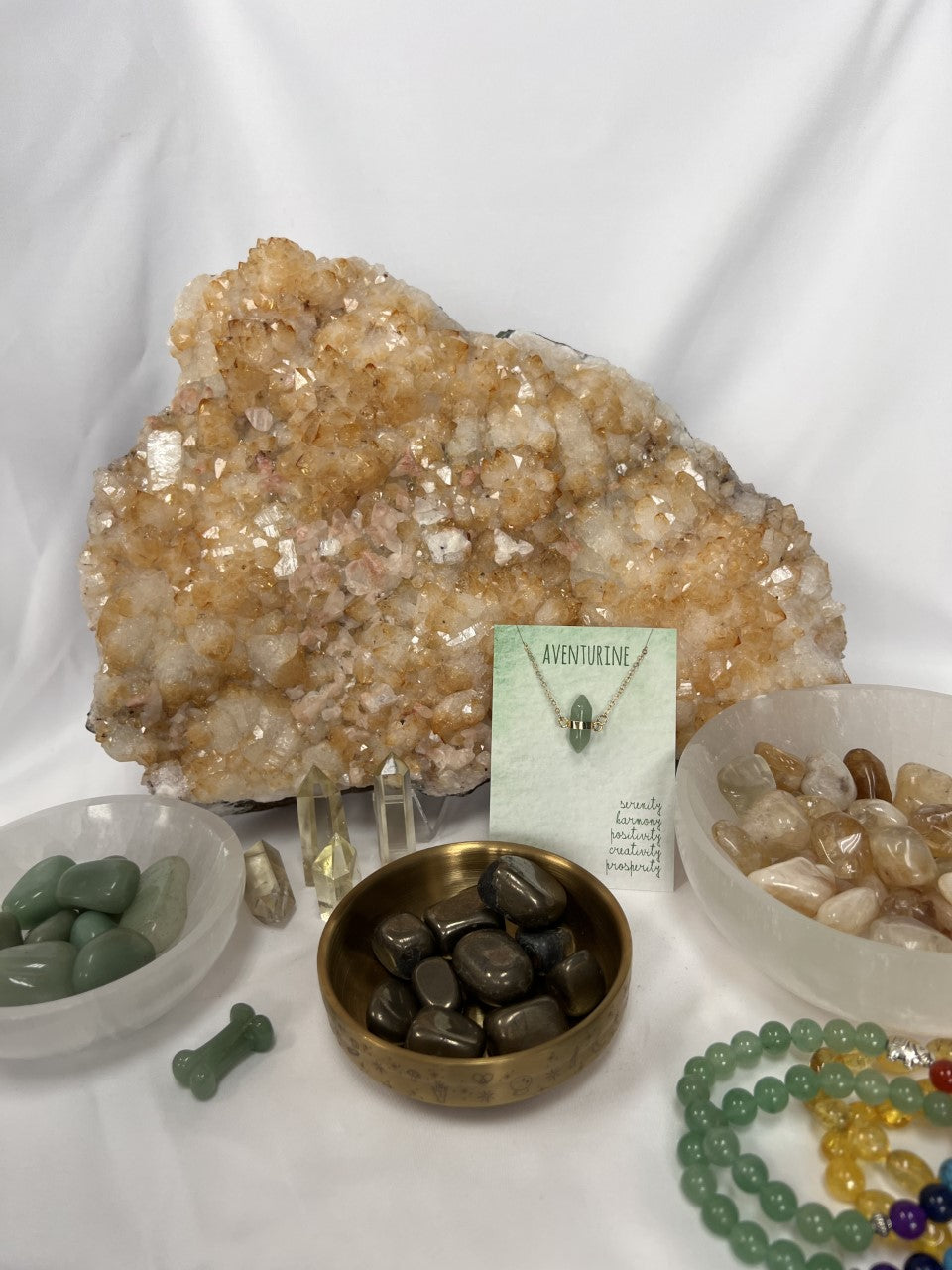 Citrine, green aventurine, and pyrite