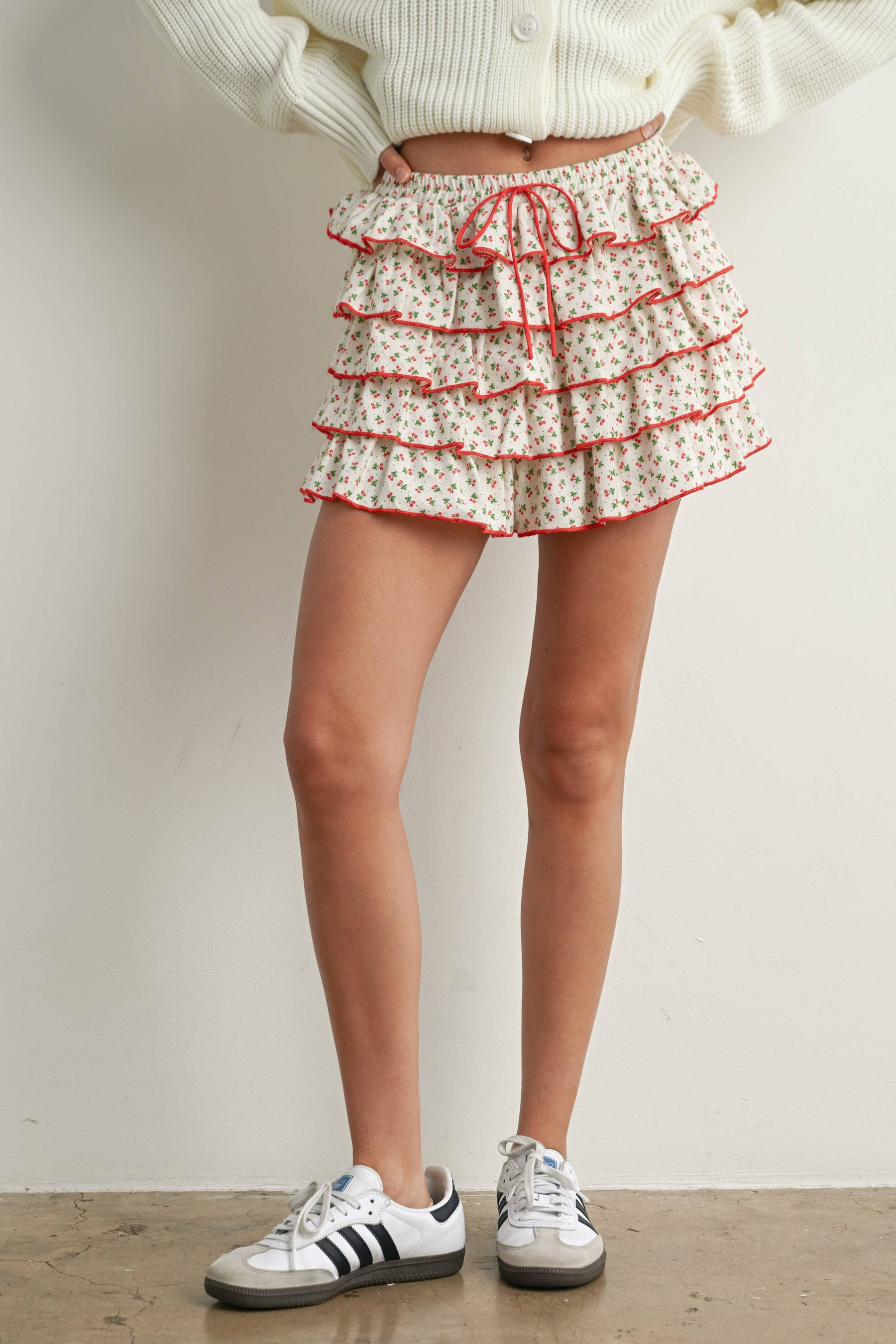 Cherry Print Layered Ruffled Tie-Front Mini Skort