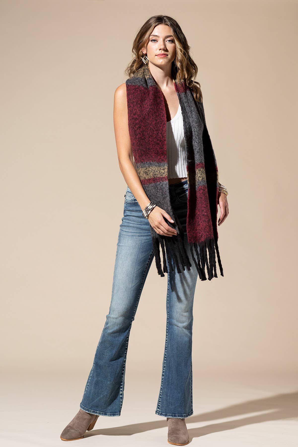 Giant Plaid Pattern Oblong Scarf with Fringe