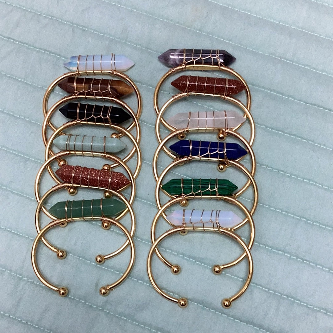 Gemstone Wire Wrapped Open Bangle Bracelet