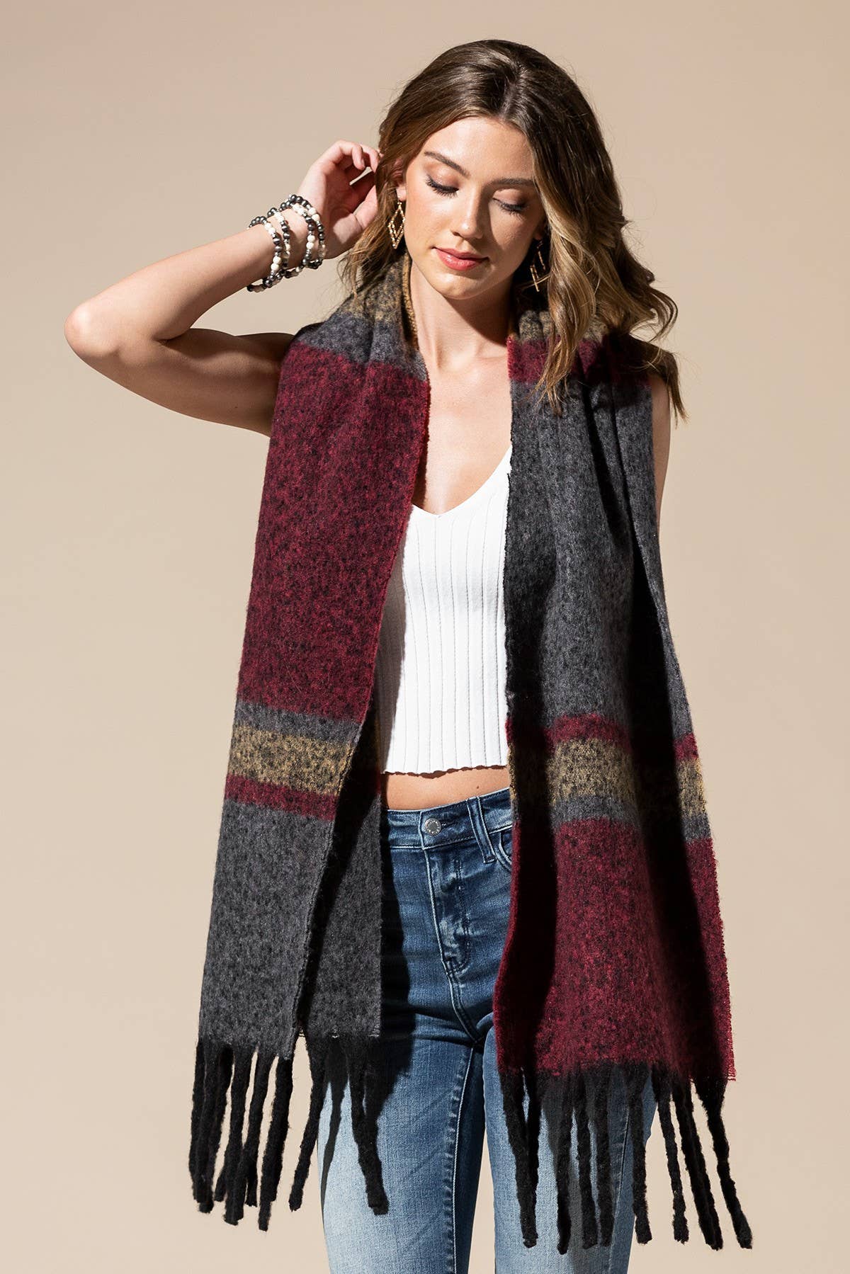 Giant Plaid Pattern Oblong Scarf with Fringe