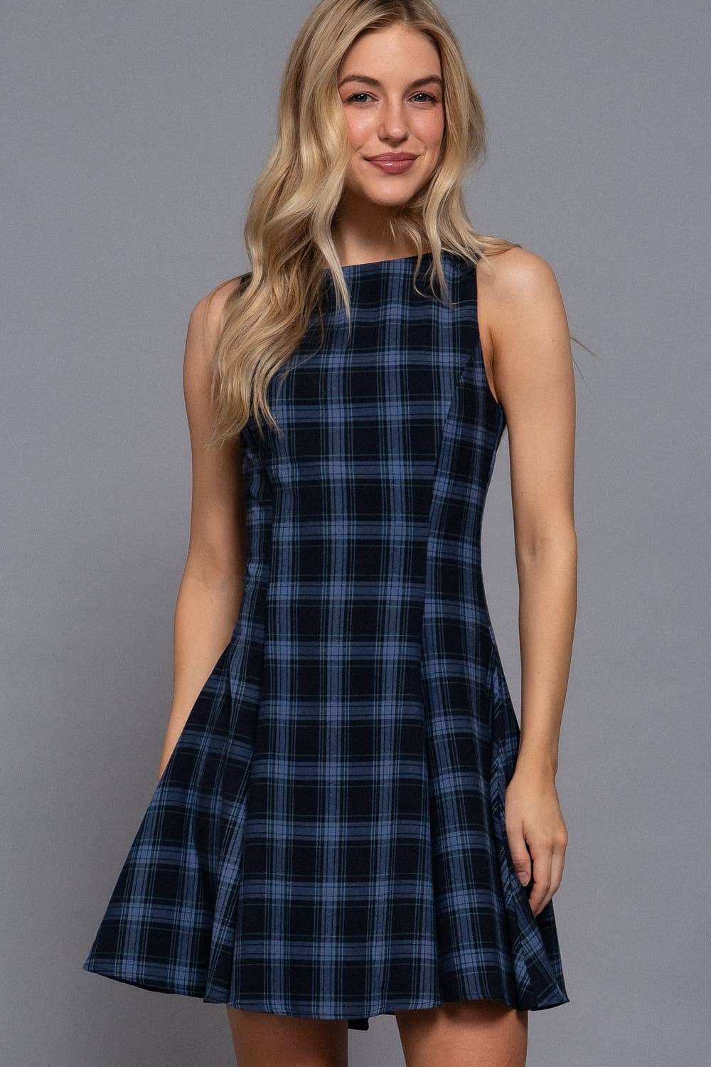 Sleeveless Boat Neck Swing Plaid Woven Mini Dress