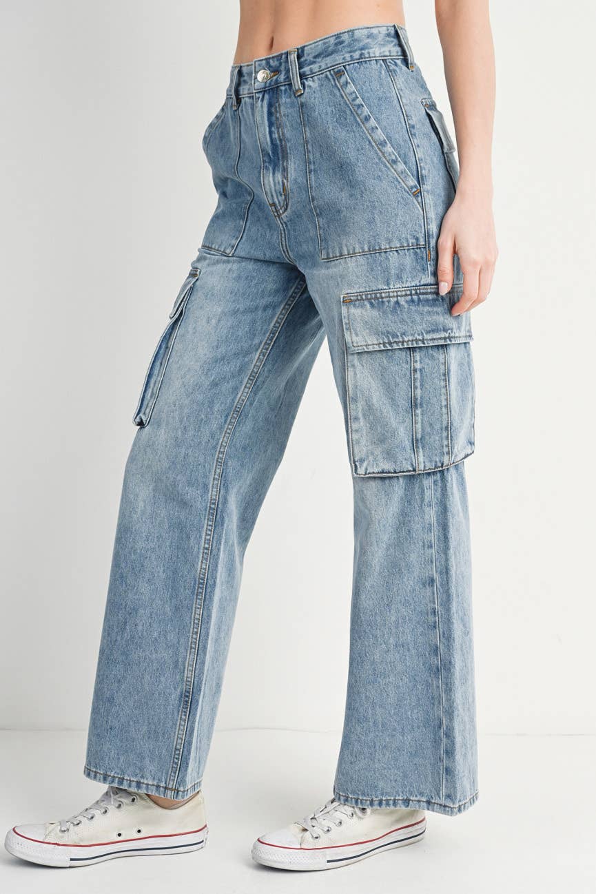 HIGH RISE WIDE BAGGY CARGO JEANS: DK.WASH / L