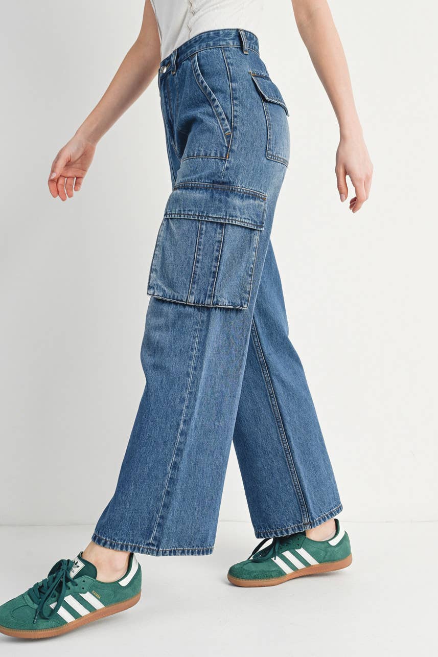 HIGH RISE WIDE BAGGY CARGO JEANS: DK.WASH / M