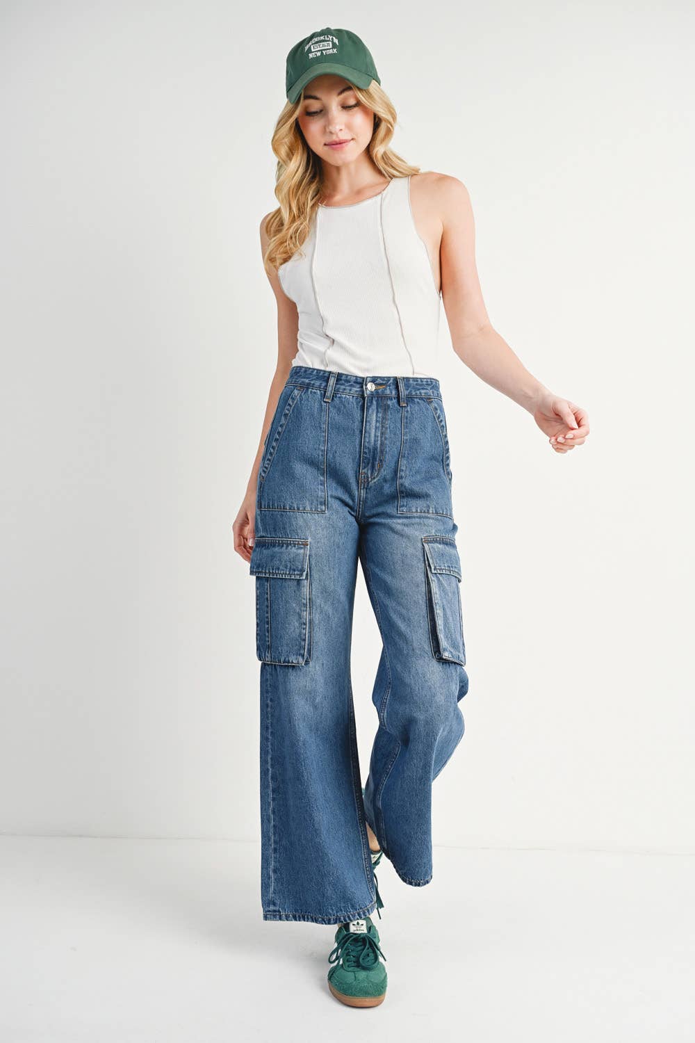 HIGH RISE WIDE BAGGY CARGO JEANS: DK.WASH / M