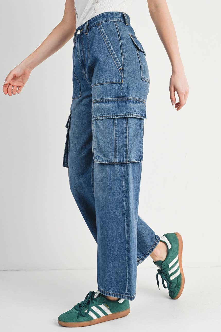 HIGH RISE WIDE BAGGY CARGO JEANS: DK.WASH / S