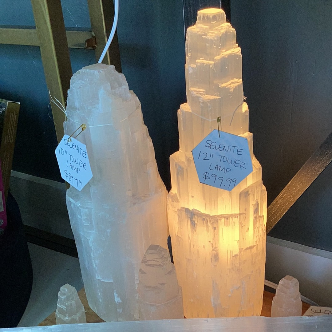 Selenite Tower Skyscraper Crystal Lamp - 10 Inch