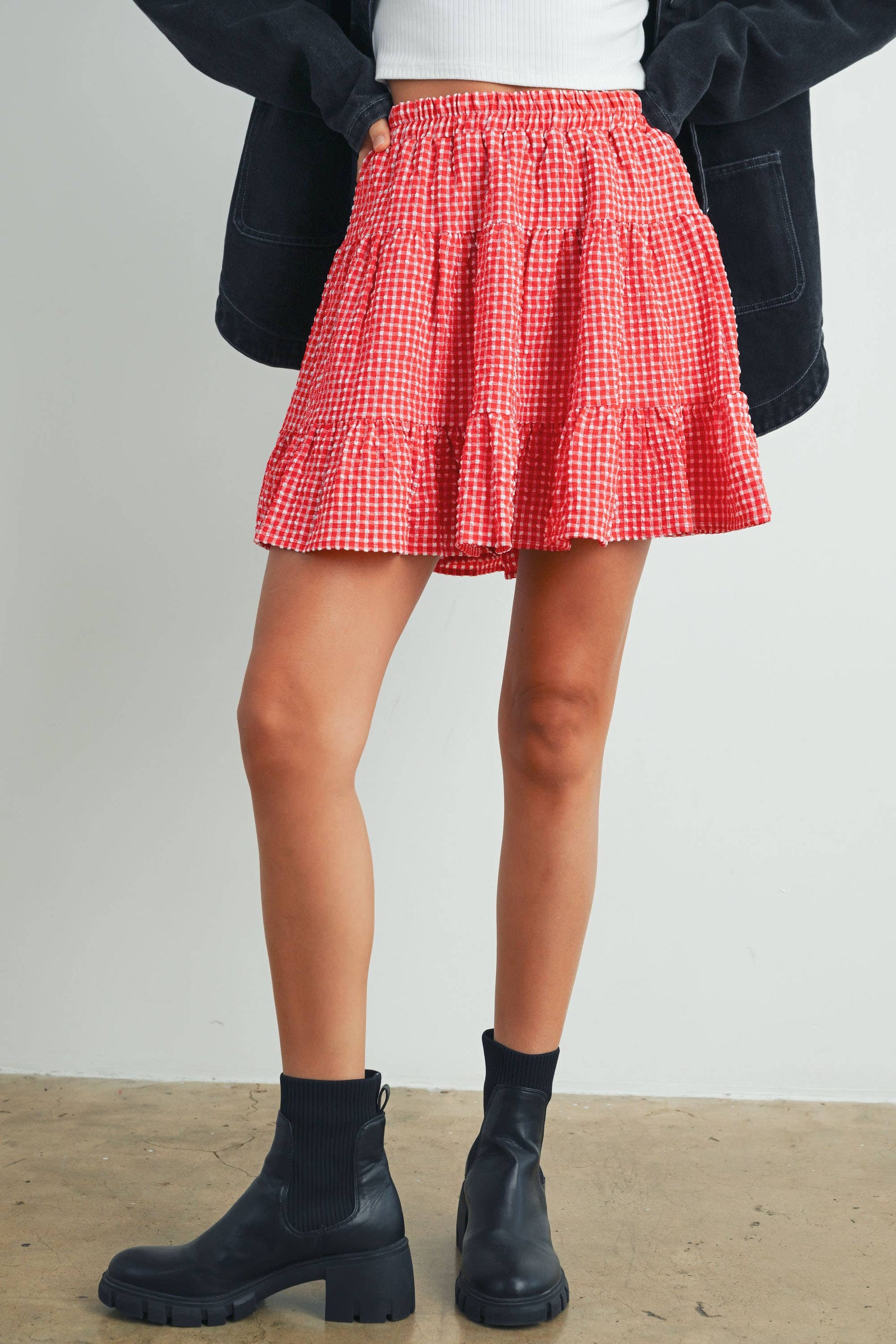 High Waist Tiered Check Skirt