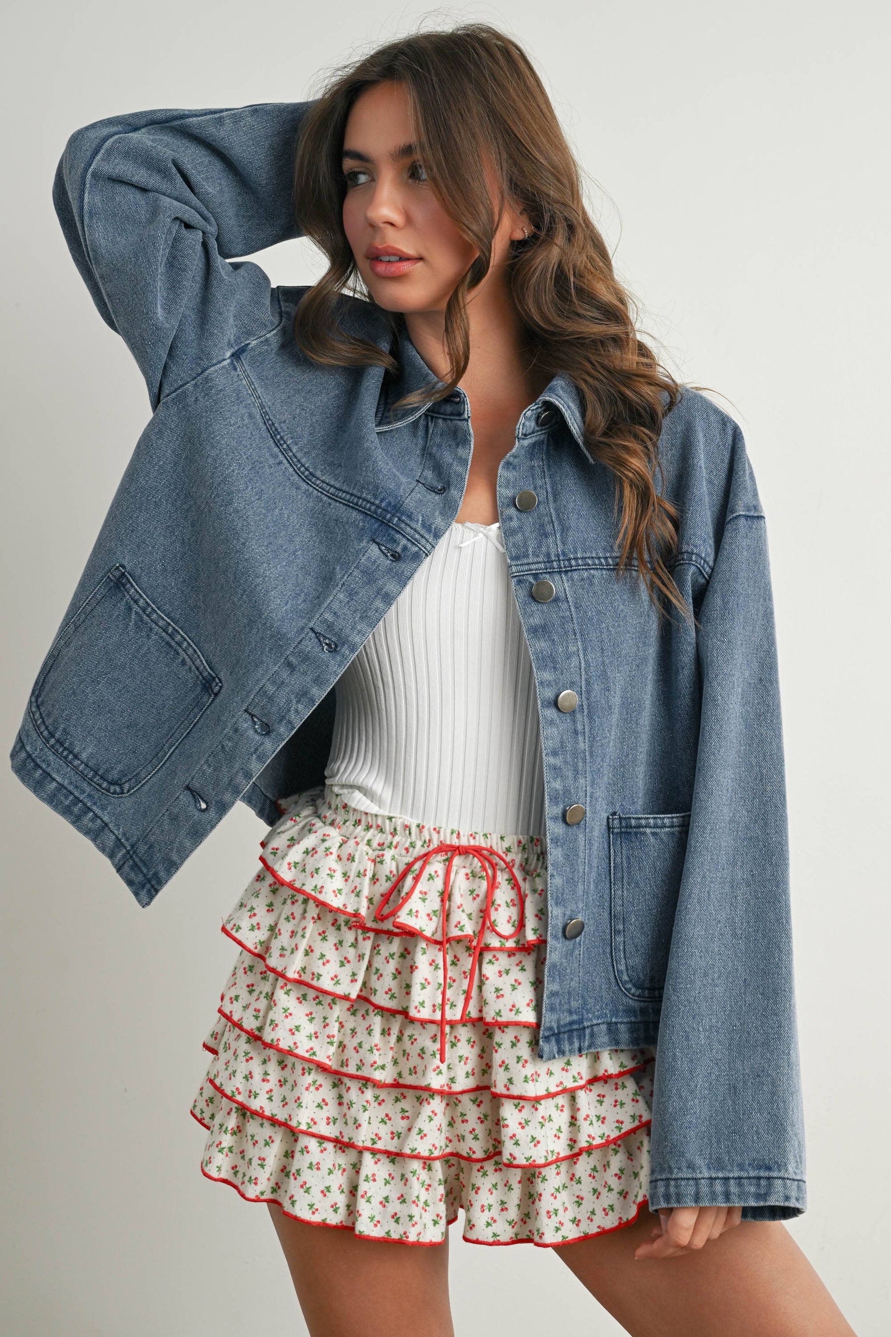 Cherry Print Layered Ruffled Tie-Front Mini Skort