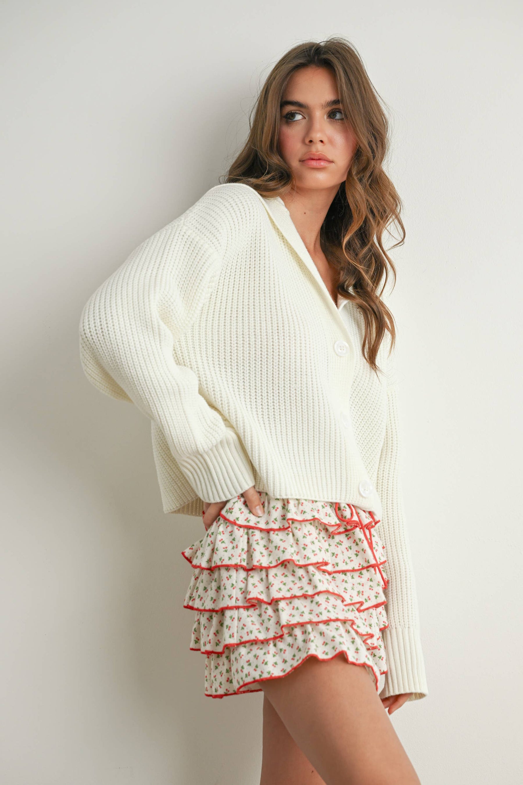 Cherry Print Layered Ruffled Tie-Front Mini Skort