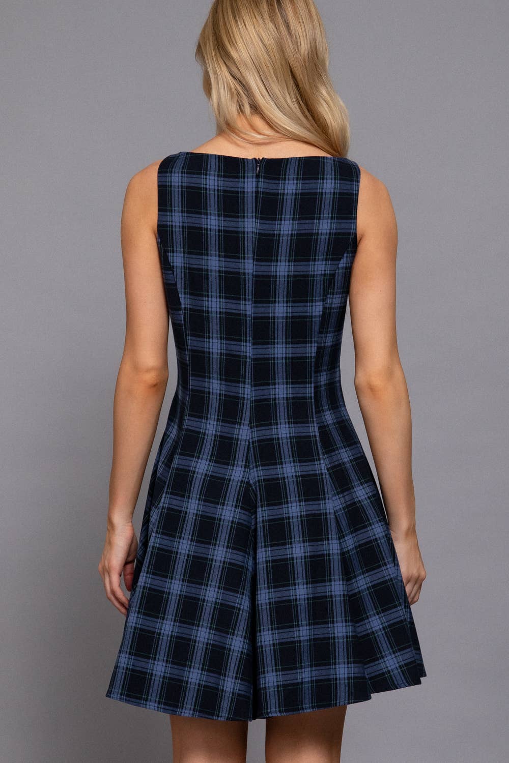 Sleeveless Boat Neck Swing Plaid Woven Mini Dress