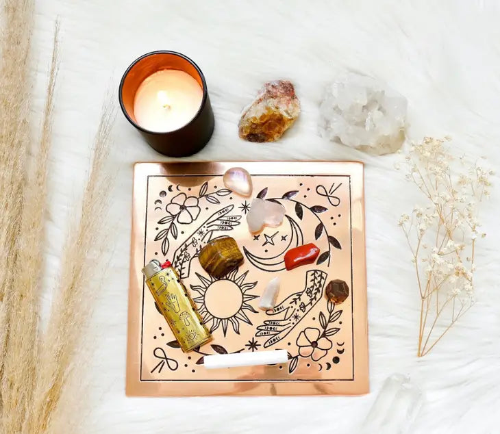 Copper Crystal Charging Plate - Sun, Moon, Plant Design