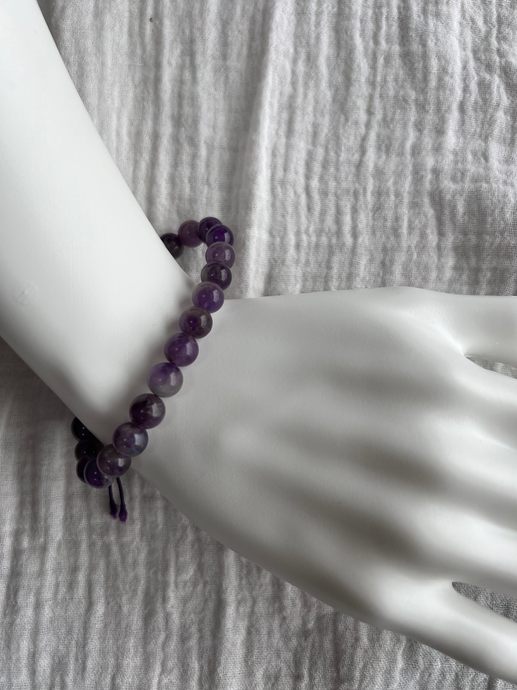 Amethyst Mala Bracelet on wrist