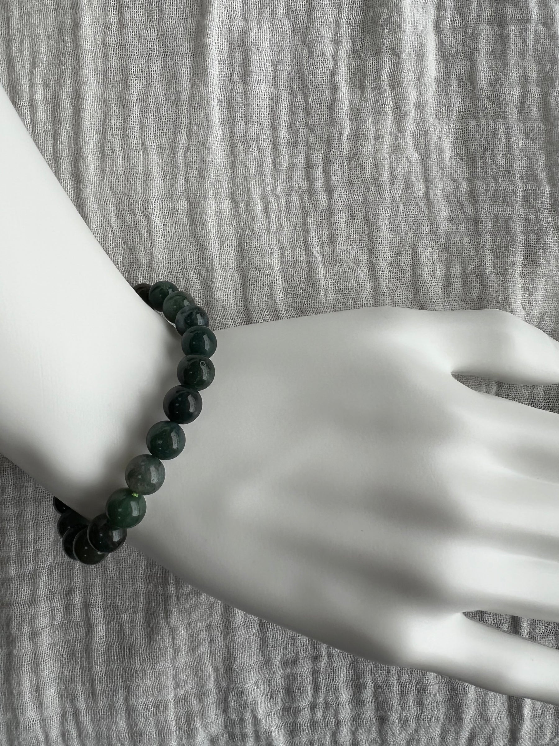 Moss Agate Bracelet on wrist