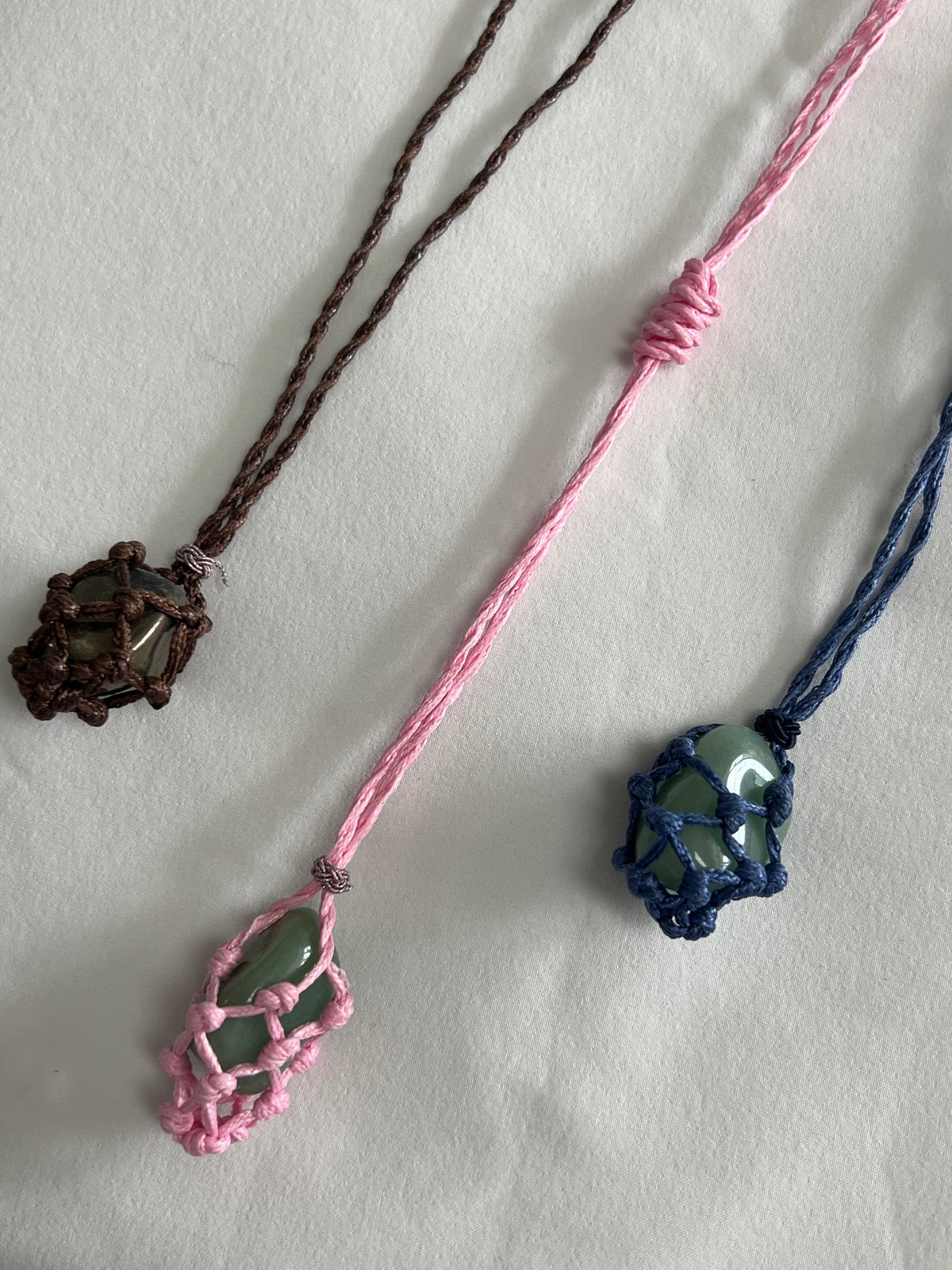Brown, Pink, Blue Macrame Crystal Pouch Necklaces