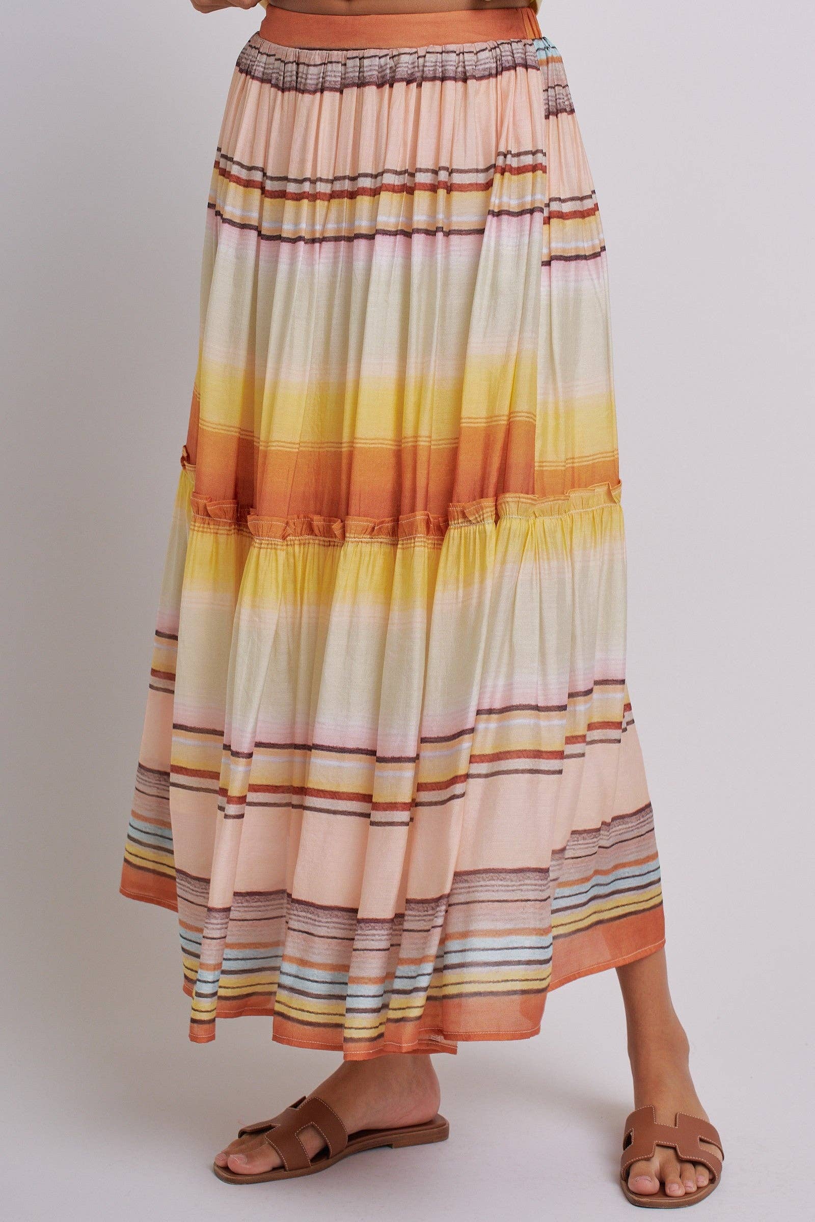 Sunset Stripe Tiered Maxi Skirt Boho Viscose Ruffled