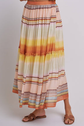 Sunset Stripe Tiered Maxi Skirt Boho Viscose Ruffled