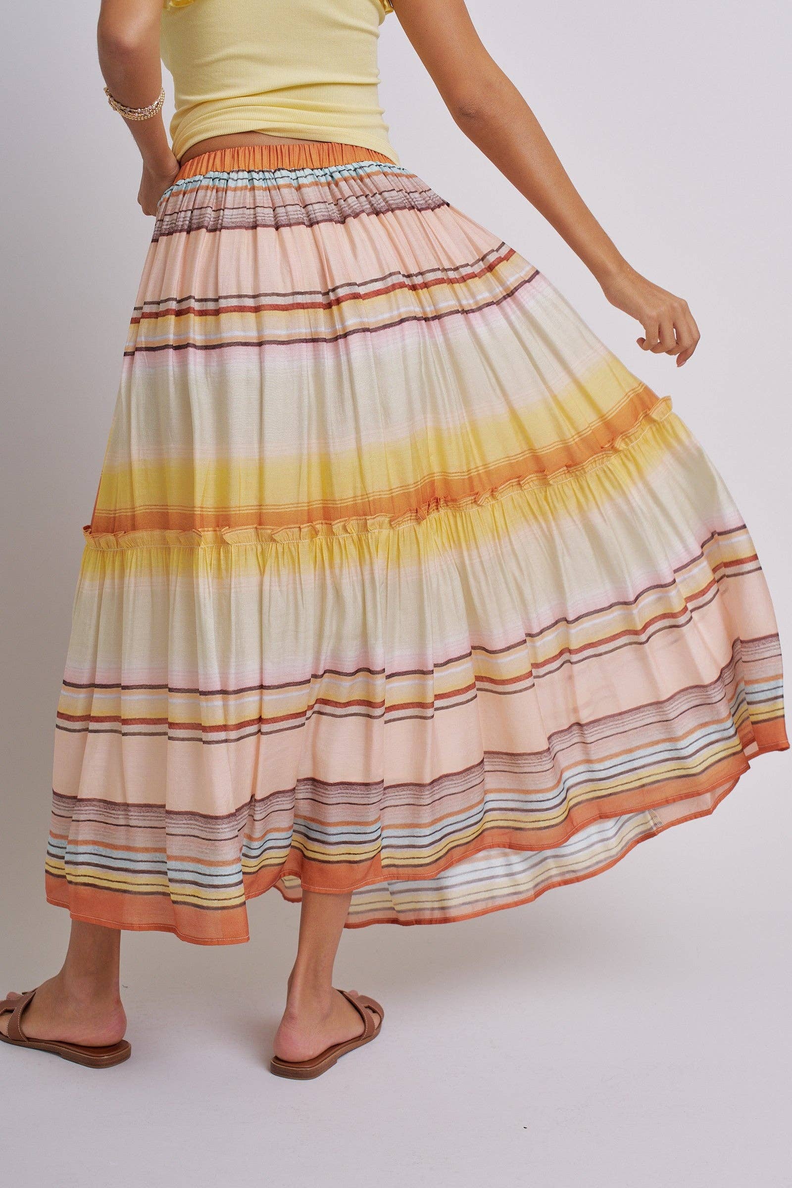 Sunset Stripe Tiered Maxi Skirt Boho Viscose Ruffled
