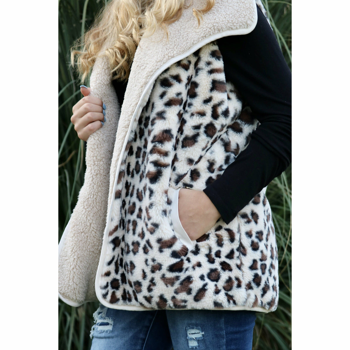 Reversible Leopard Print Sherpa/Faux Fur Vest