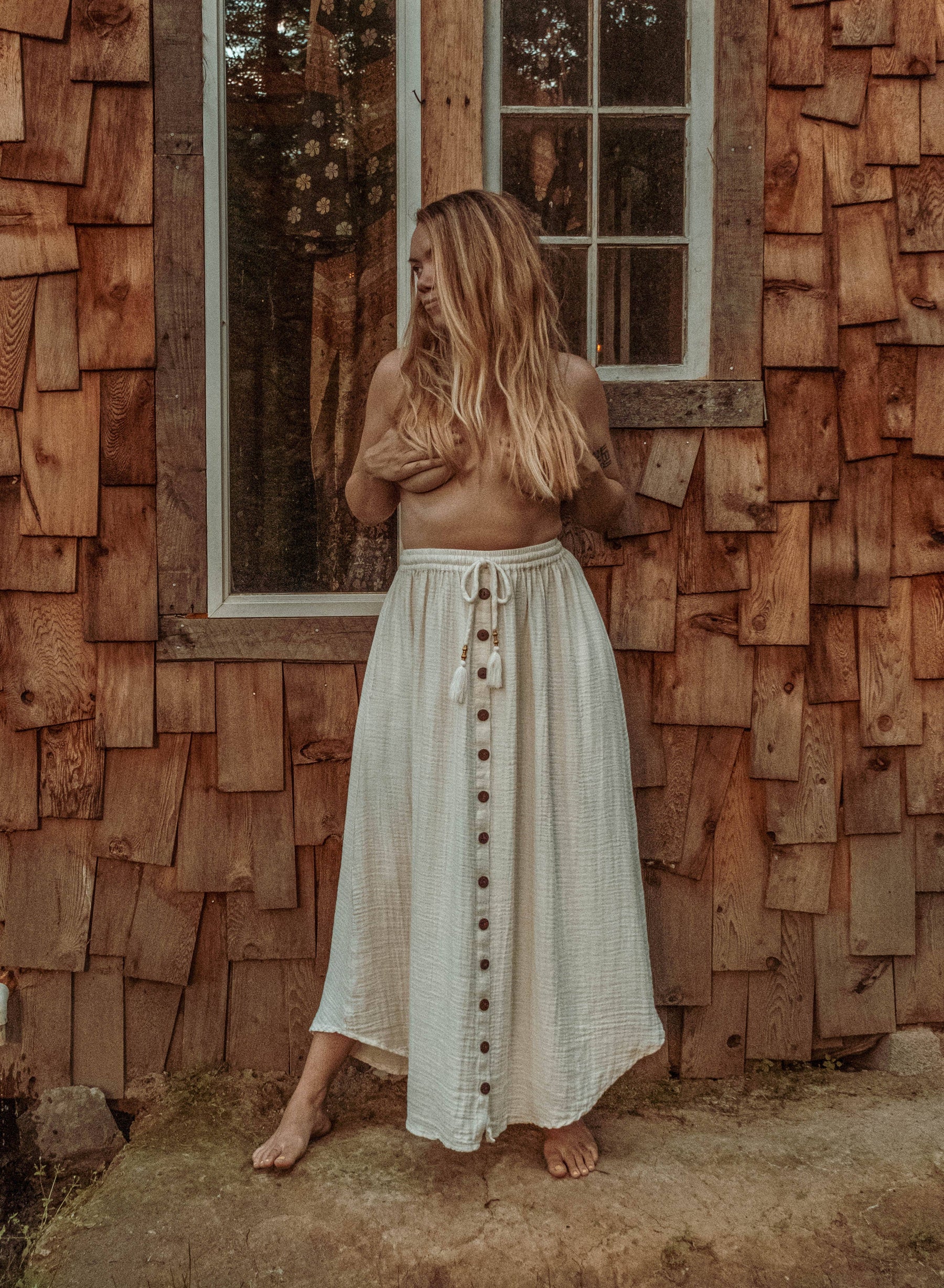 Beachy Boho Bamboo Cotton Button Skirt, Bohemian Maxi Skirt