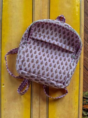 Cotton Block Print Boho Backpack, Handmade Purple School Bag