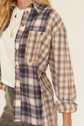 Woven Contrast Plaid Front Pocket Button Shirt: CREAM-BROWN / M