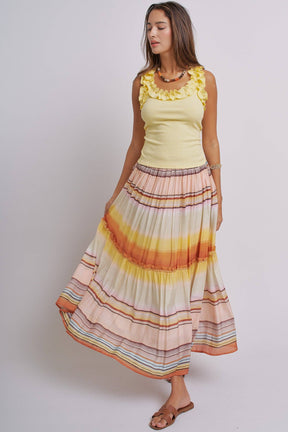 Sunset Stripe Tiered Maxi Skirt Boho Viscose Ruffled