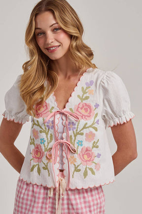 FLORAL EMBROIDERED TIE FRONT SHORT SLEEVE TEXTURED WOVEN TOP