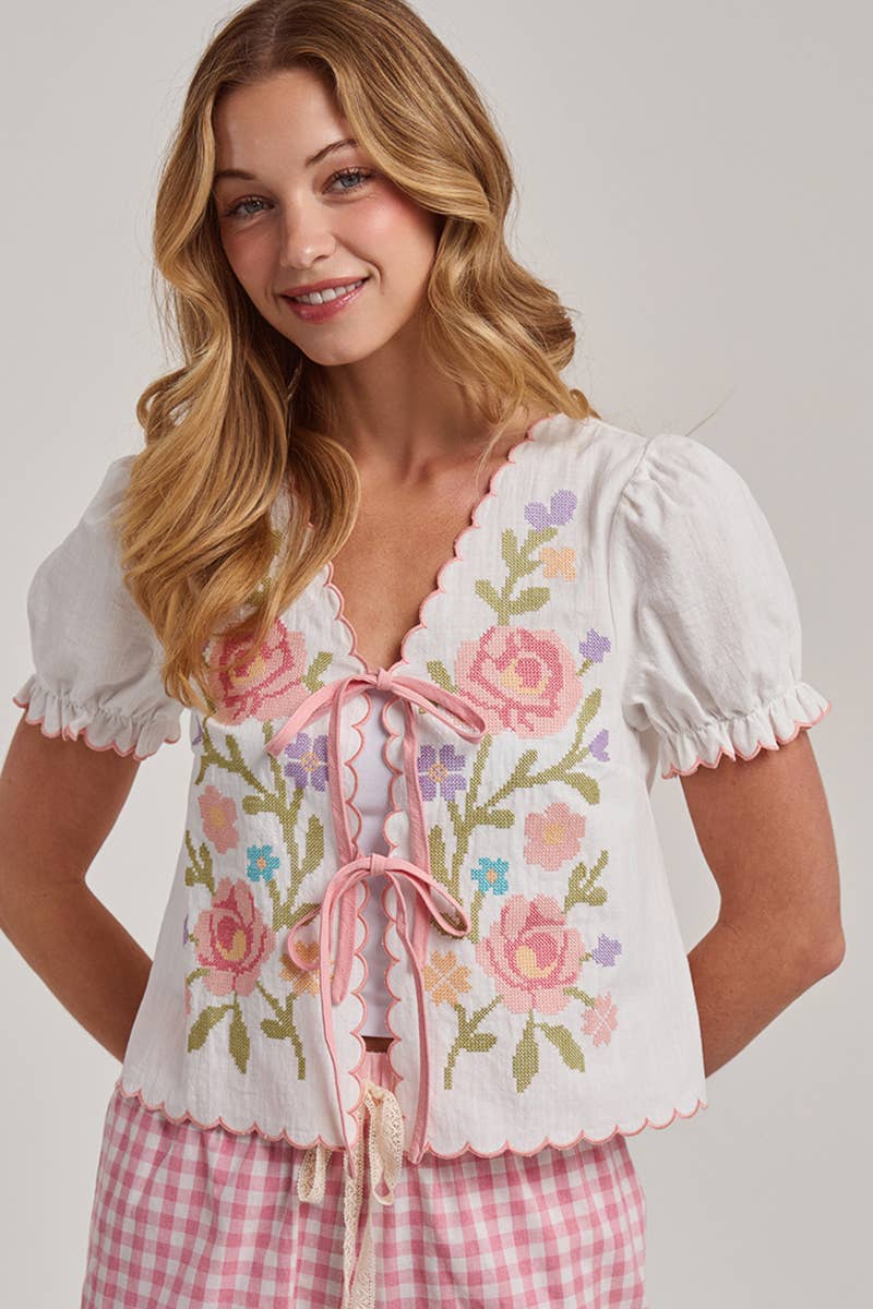 FLORAL EMBROIDERED TIE FRONT SHORT SLEEVE TEXTURED WOVEN TOP