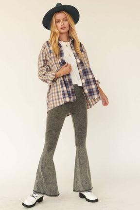 Woven Contrast Plaid Front Pocket Button Shirt: CREAM-BROWN / M