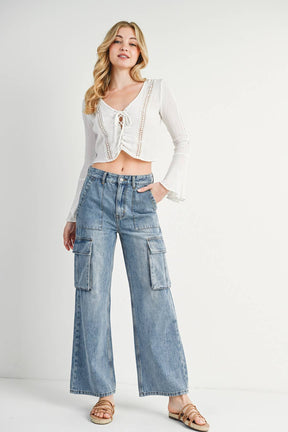 HIGH RISE WIDE BAGGY CARGO JEANS: DK.WASH / M