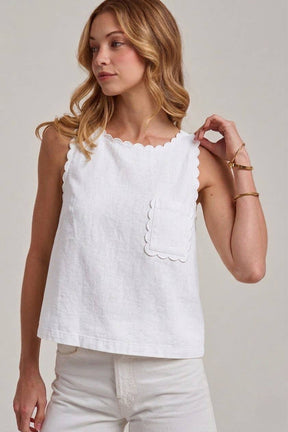 White GAME DAY COLOR DENIM SLEEVELESS TOP WITH SCALLOPED EDGE