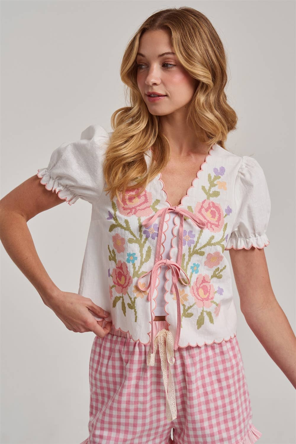 FLORAL EMBROIDERED TIE FRONT SHORT SLEEVE TEXTURED WOVEN TOP