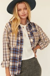 Woven Contrast Plaid Front Pocket Button Shirt: CREAM-BROWN / M