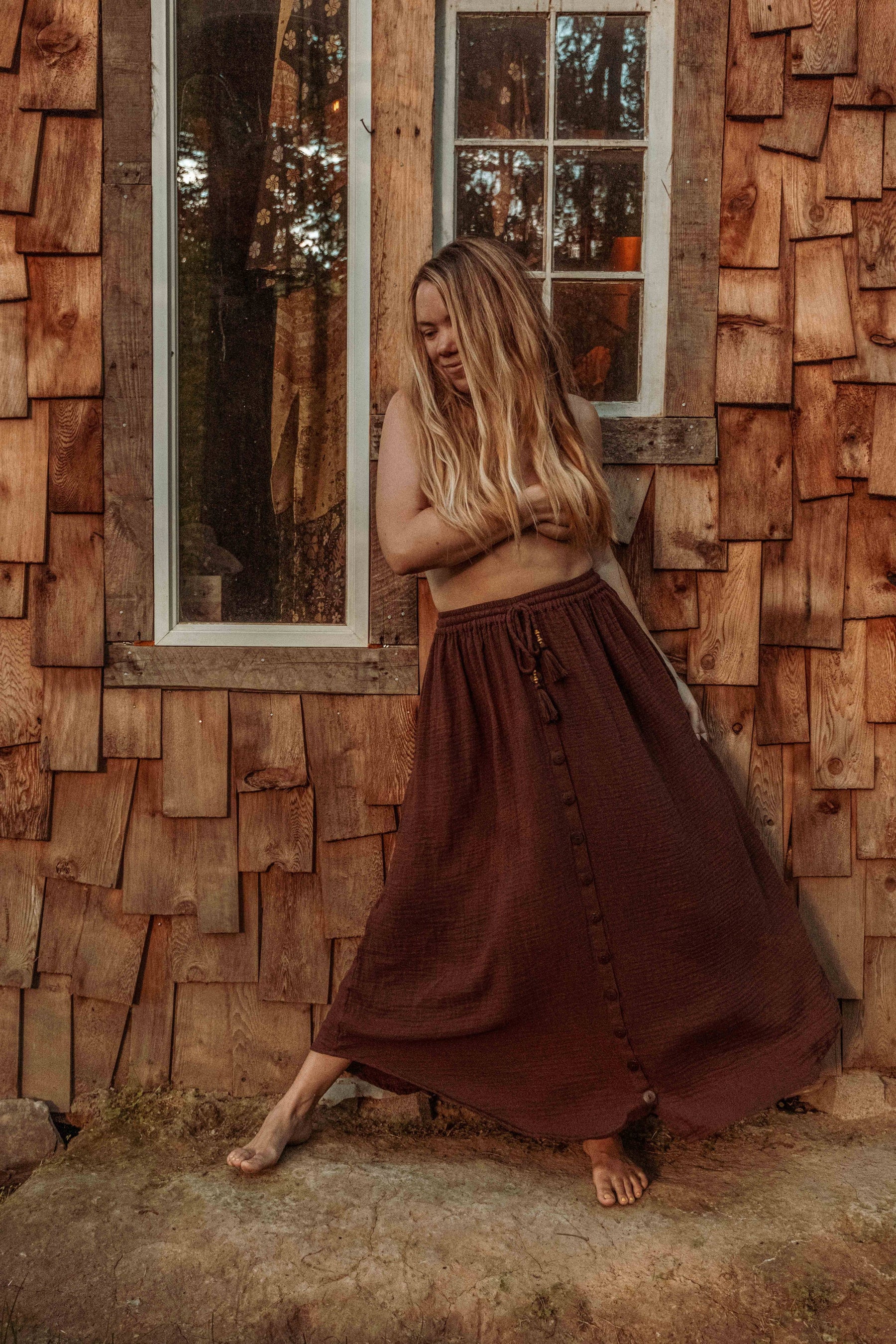 Beachy Boho Bamboo Cotton Button Skirt, Bohemian Maxi Skirt