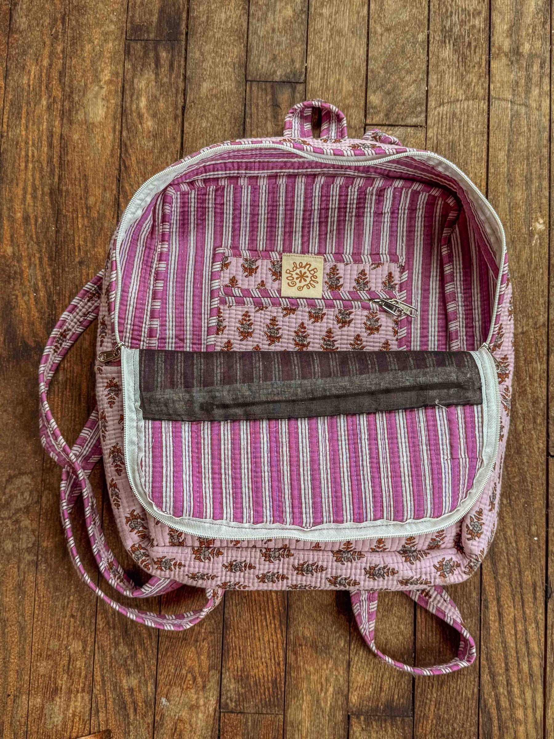Cotton Block Print Boho Backpack, Handmade Purple School Bag