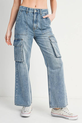 HIGH RISE WIDE BAGGY CARGO JEANS: DK.WASH / M