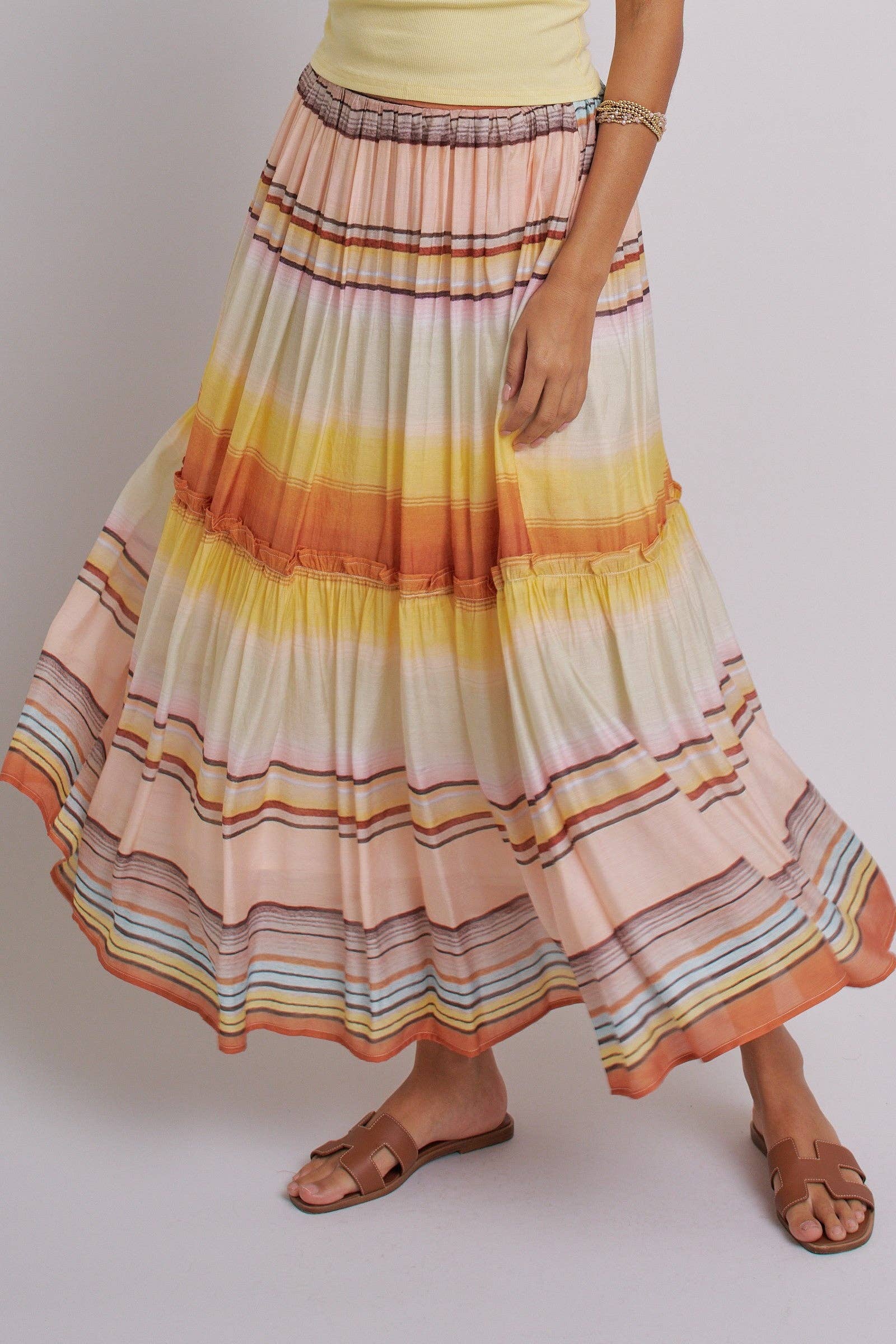 Sunset Stripe Tiered Maxi Skirt Boho Viscose Ruffled
