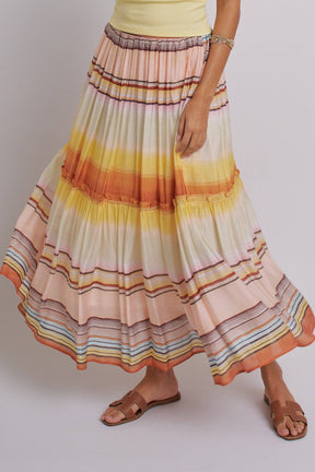 Sunset Stripe Tiered Maxi Skirt Boho Viscose Ruffled