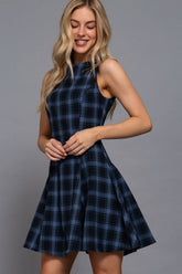 Sleeveless Boat Neck Swing Plaid Woven Mini Dress