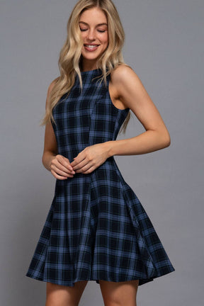 Sleeveless Boat Neck Swing Plaid Woven Mini Dress