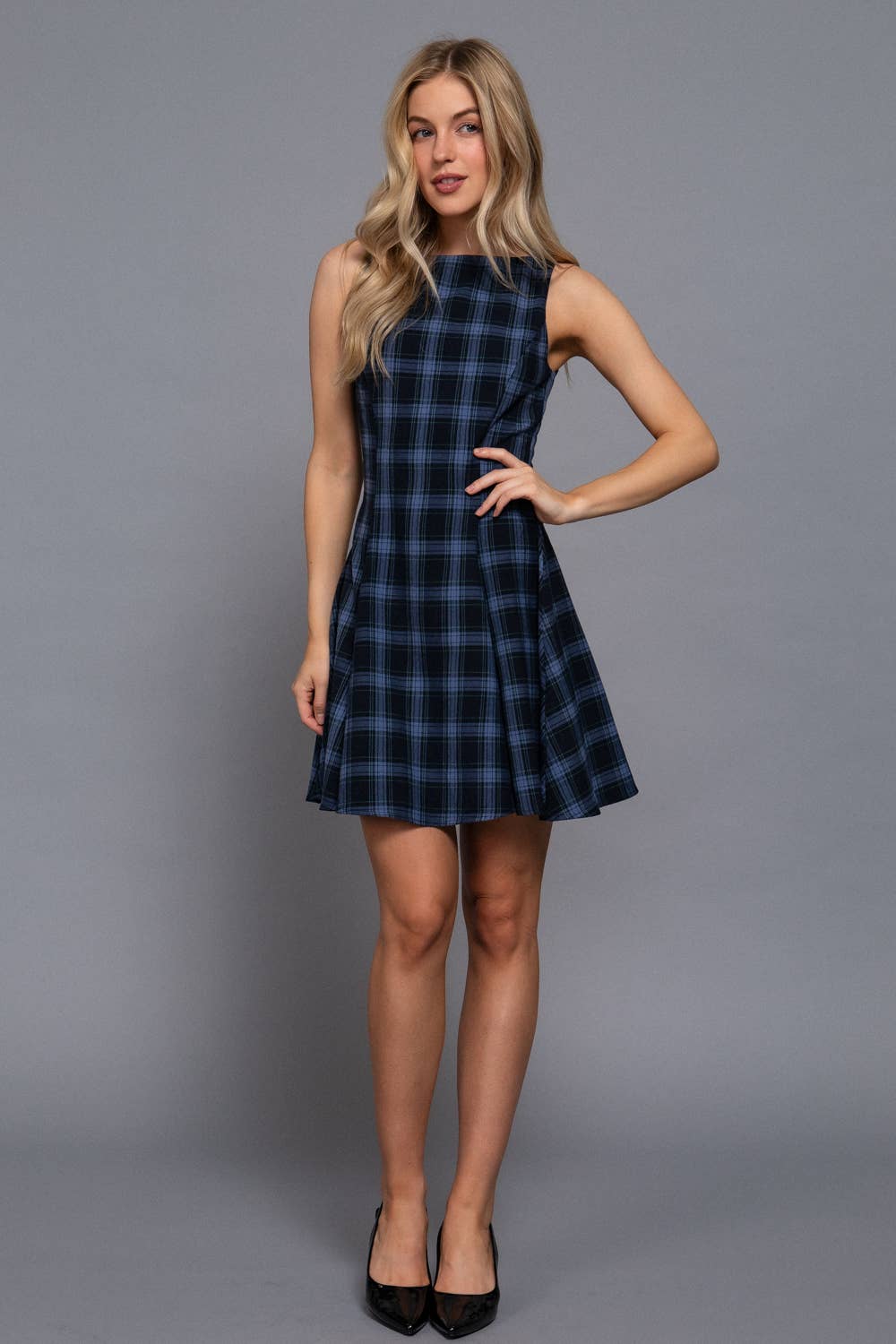 Sleeveless Boat Neck Swing Plaid Woven Mini Dress