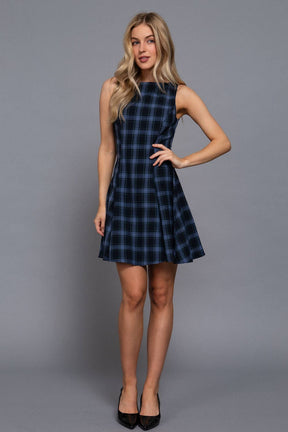 Sleeveless Boat Neck Swing Plaid Woven Mini Dress
