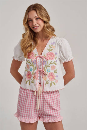 FLORAL EMBROIDERED TIE FRONT SHORT SLEEVE TEXTURED WOVEN TOP