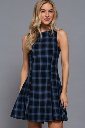 Sleeveless Boat Neck Swing Plaid Woven Mini Dress