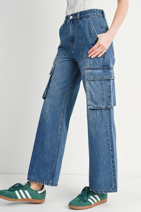 HIGH RISE WIDE BAGGY CARGO JEANS: DK.WASH / M
