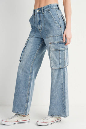 HIGH RISE WIDE BAGGY CARGO JEANS: DK.WASH / M