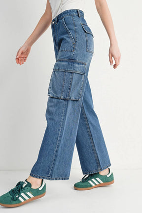 HIGH RISE WIDE BAGGY CARGO JEANS: DK.WASH / M