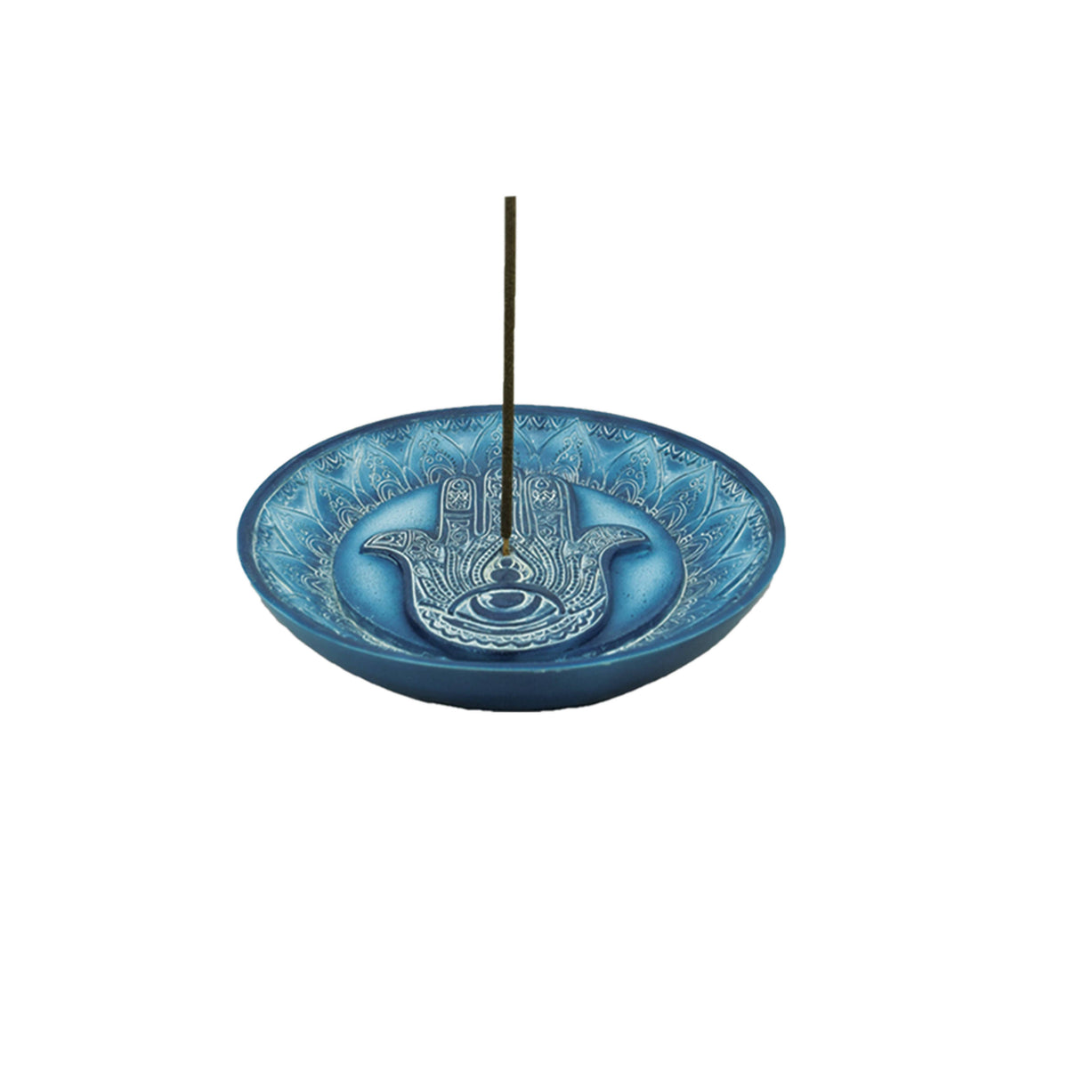 Round Incense Burner (5 in.) - Blue Hamsa Hand