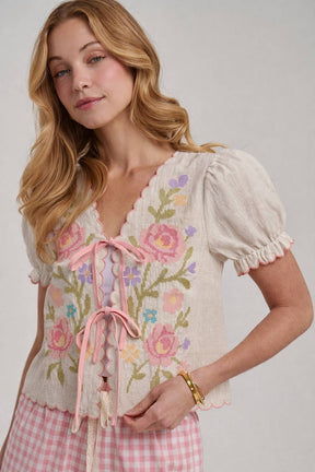 FLORAL EMBROIDERED TIE FRONT SHORT SLEEVE TEXTURED WOVEN TOP